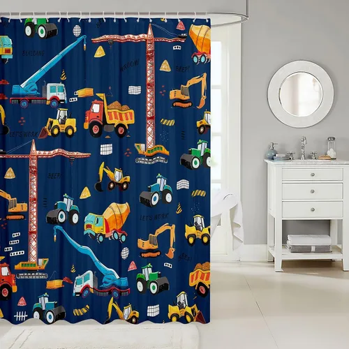 Vista 2 de Erosebridal Construction Truck Shower Curtain 72" Wx72 L Excavator Waterproof Bathroom Accessories Navy Blue Tractor Machinery Vehicle Bath Curtain