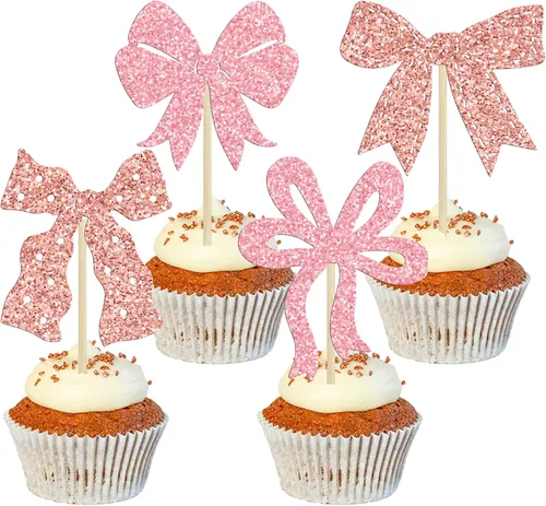 Vista 19 de Ephlyn 24 adornos para cupcakes con lazo para decoración de pastel de cumpleaños, decoración de fiesta de cumpleaños para niñas, decoración de Negro