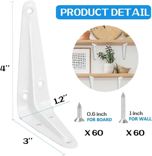 Vista 2 de Paquete de 20 soportes de estante de 4 pulgadas en blanco, soportes de metal de acero resistentes en L para estantes, soportes en J para pared