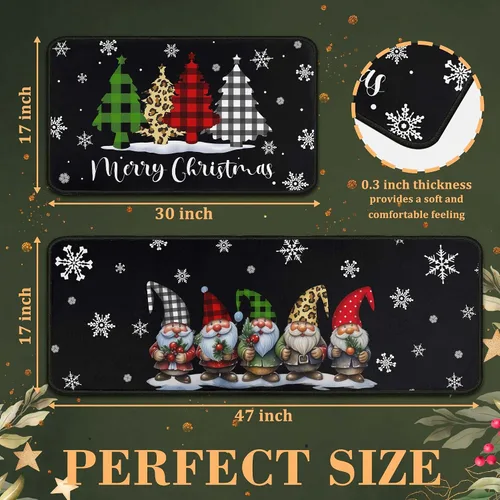 Vista 2 de Alfombras de cocina de cuadros de búfalo con gnomos de árbol negros, juego de 2, Merry Christmas, decoración de piso de perfil bajo para fiestas