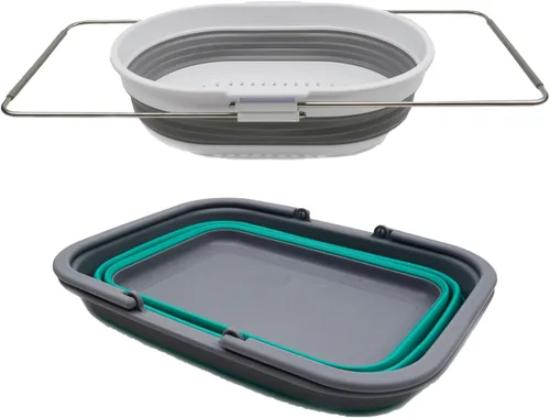 Vista 2 de SAMMART Bañera plegable de 9.2 L (2.37 galones) con asa y colador ovalado sobre el fregadero de 5 litros (verde azulado (cesta) + gris (colador))