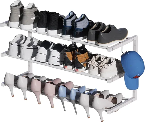 Vista 16 de Zapatero para montar en la pared, zapatero colgante de 3 niveles con capacidad para 12 pares, organizador de zapatos de metal resistente ajustable