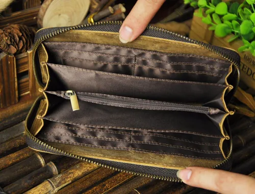 Vista 6 de Le'aokuu Unisex calidad cuero genuino cadena embrague mano bolso organizador monedero chequera cremallera cartera 1016, Tigre W1016, Cartera