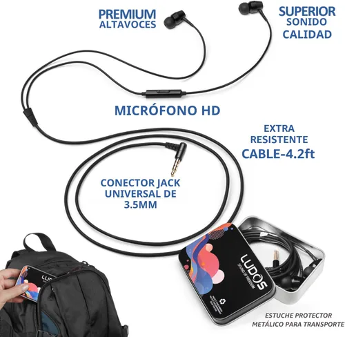 Vista 2 de LUDOS OMNITONE Auriculares con cable in-ear, 5 años de garantía, auriculares con micrófono, conector de 3.5 mm, auriculares con cable