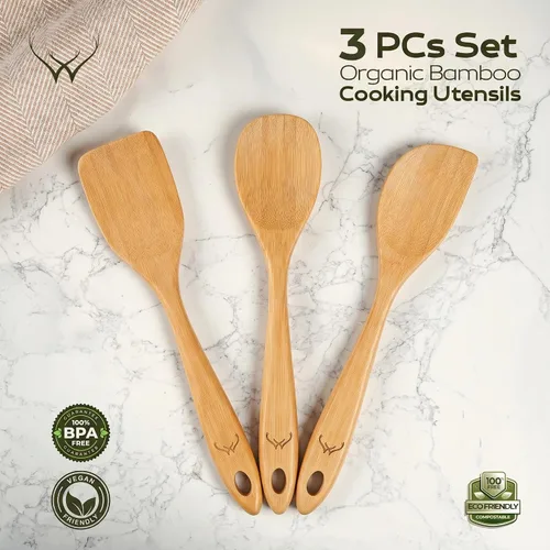 Vista 2 de Prime - Juego de 3 cucharas de madera de bambú para cocinar, utensilios de cocina de madera con mango largo, incluye cuchara plana de madera
