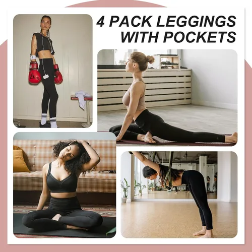 Vista 4 de NexiEpoch Paquete de 4 leggings para mujer con bolsillos, cintura alta, control de abdomen para entrenamiento, correr, pantalones capri de yoga