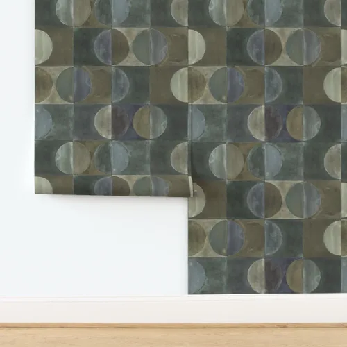 Vista 4 de Muestras de papel tapiz para despegar y pegar, azulejos de piedra, negro, marrón, verde, círculo, 70S, luna, neutro, papel tapiz extraíble por