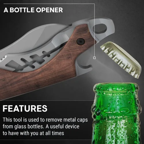 Vista 4 de Cuchillo de bolsillo pequeño para hombres – Cuchillo de llavero de 5.7 pulgadas con abridor de botellas – Cortador de cajas – Mango de madera