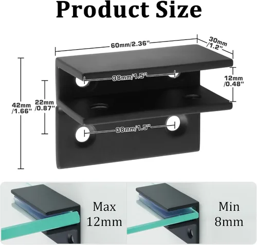Vista 3 de Alise Soportes de estante de vidrio negro, abrazaderas de vidrio ajustables para ducha, soporte de abrazadera resistente, soportes de acero