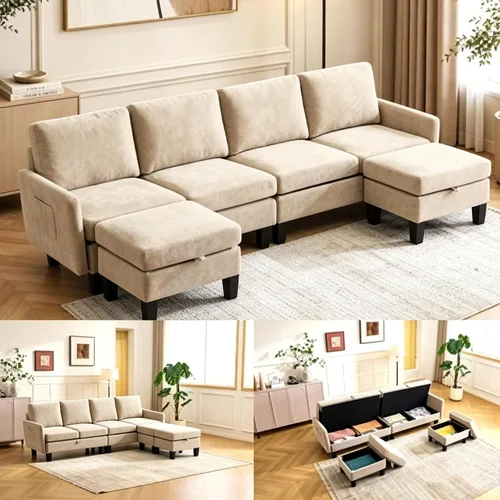 Vista 10 de VINGLI Sofá modular de 110 pulgadas para sala de estar, sofá en forma de U con diván doble, juego de sofá de 4 asientos con tela de felpilla