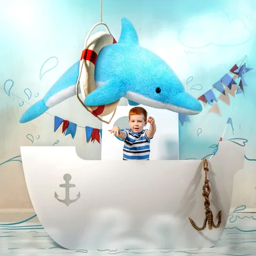 Vista 4 de MorisMos Animales de peluche gigantes de delfín de 55 pulgadas, juguete de peluche grande de delfín azul suave, regalos marinos de océano para niños