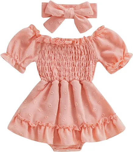 Vista 97 de Mameluco para bebés y niñas de 3, 6, 9, 12, 18 meses, enterizo de manga corta, fruncido, faldas y dobladillo, diadema