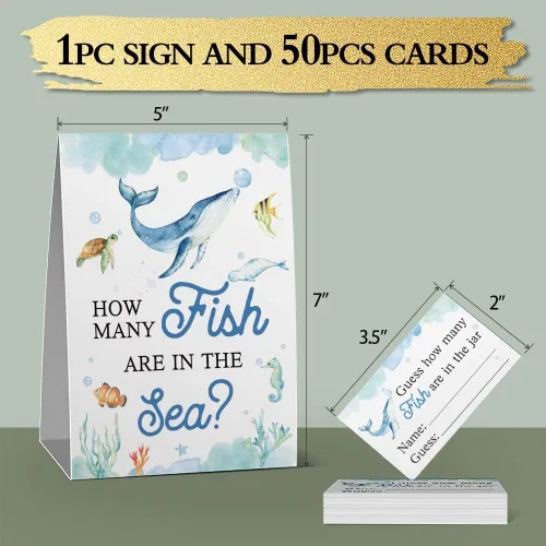 Vista 3 de Guess How Many Fish in the Sea Mermaid Party Game ,How Many Candy Sharks Game， Watercolor Ocean Themed Baby Showers Decorations Game(1 Sign+50