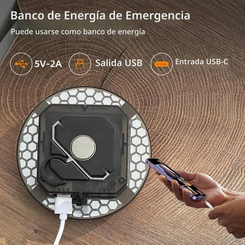 Vista 2 de Linterna LED recargable para campamento: luz de tienda de campaña con 3 modos y atenuación continua, carga rápida USB-C, IPX5 impermeable, gancho