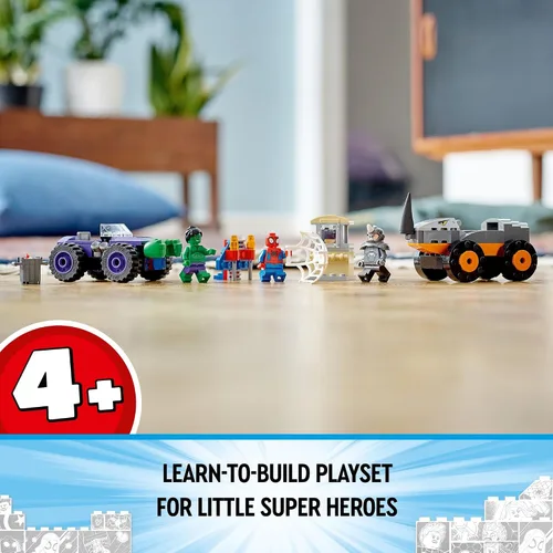 Vista 2 de LEGO Marvel Hulk vs. Rhino Monster Truck Showdown, juguete para niños y niñas de 4 años en adelante con minifigura de Spider-Man, inspirado