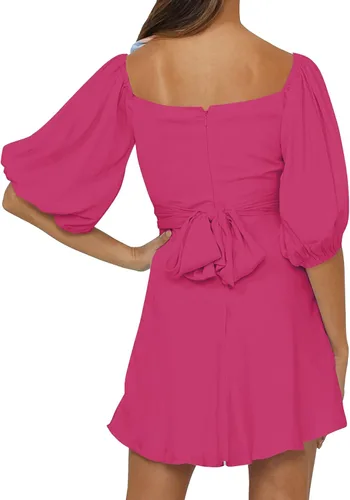 Vista 2 de Umenlele Vestido corto casual para mujer, cuello cuadrado, fruncido, lazo en la espalda, media manga, acampanado