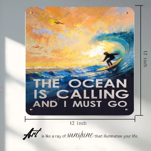 Vista 3 de Zomyto Letreros de lata con texto en inglés «The Ocean is Calling and I Must Go», arte de pared retro divertido de metal, póster vintage