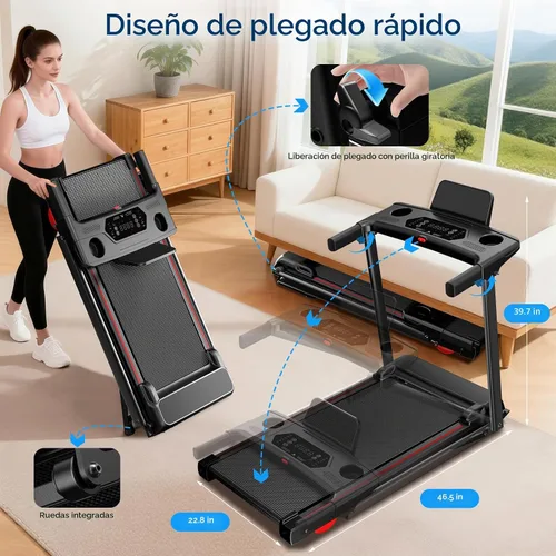 Vista 3 de Cinta de correr con 0-16% de inclinación automática, 0.6-7.5 MPH caminadora para el hogar, 3.0 HP de bajo ruido plegable con barra de mango y Negro