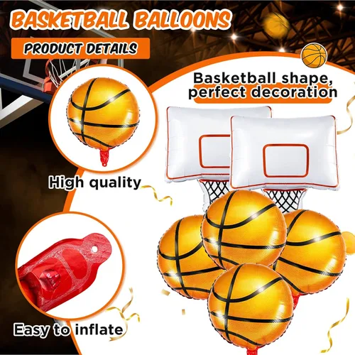 Vista 4 de Soulchen Juego de 6 globos de papel de aluminio para fiesta de baloncesto con 4 globos de baloncesto naranjas y 2 globos decorativos de aro
