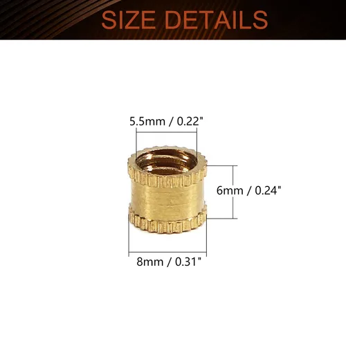 Vista 2 de MroMax Tuercas de inserción moleteadas de 1/4 ''-0.787 x 0.236 in (H) x 0.315 in (OD) rosca hembra de latón roscado tuerca de incrustación