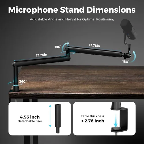 Vista 3 de NearStream Soporte de micrófono con adaptadores de 1/4", 3/8" y 5/8", brazo de micrófono ajustable con gestión de cables, elevador de 4.5", soporte