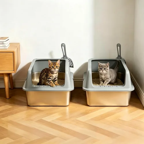 Vista 7 de Kirecoo Paquete de 2 cajas de arena de acero inoxidable con tapa, caja de arena de metal cerrado mediano para gatos, bandeja de arena antifugas