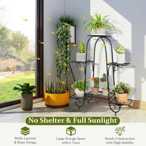 Vista 3 de Giantex Soporte de metal para macetas de 6 niveles, estante de exhibición de plantas para patio, jardín, balcón, hogar, estante de almacenamiento