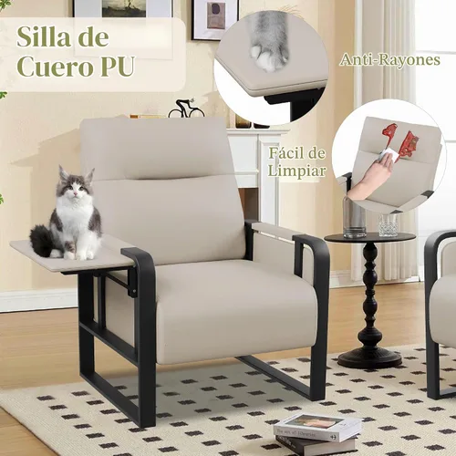 Vista 7 de Silla de Acento Moderna Tapizada en Cuero PU Sillón con Mesa de Bandeja para Dormitorio Sala de Estar Sillas Silla de Oficina Beige Modern Living