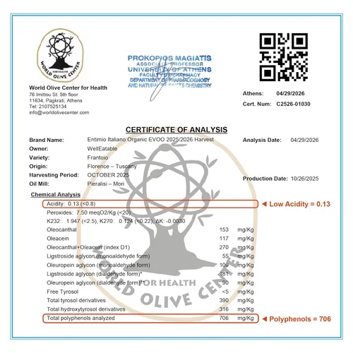 Vista 2 de Entimio Italiano Polifenoles italianos ricos (+400 mg/kg) 2023-2024 Nuevo aceite de oliva orgánico de cosecha fresca delicado extra virgen