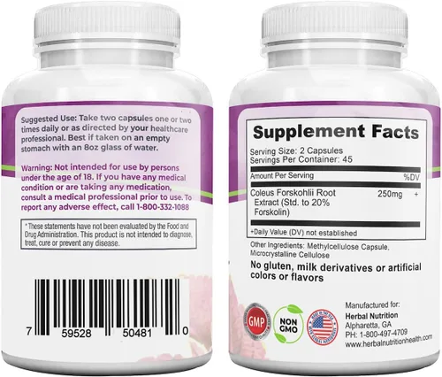 Vista 6 de Herbal Nutrition Forskolina para bajar de peso, 250 mg-500 mg de fuerza máxima forskolina paquete de dos botellas de 90 unidades, extracto del 20%