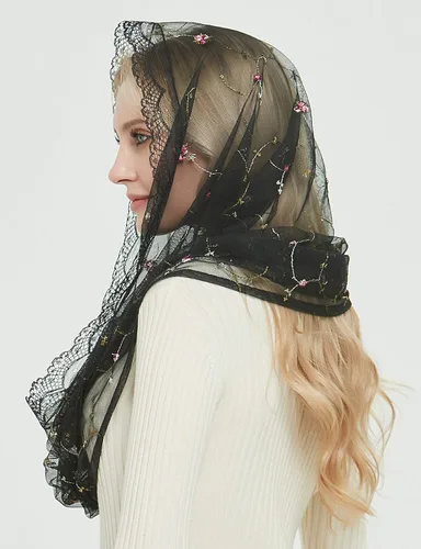 Vista 5 de Leimandy Velo ortodoxo que cubre la cabeza con flores bordadas capilla católica Mantilla velo V50