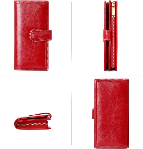 Vista 5 de VOCUS Cartera de cuero para mujer, billetera larga plegable de gran capacidad, tarjetero para tarjetas de crédito con cremallera para damas.., Rojo