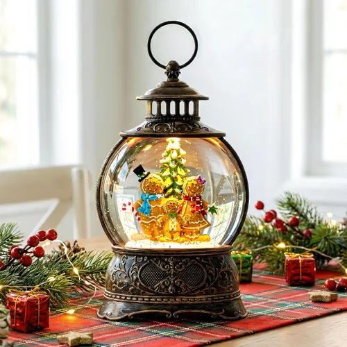 Vista 9 de Linterna de globo de nieve de Navidad con agua con escena de jengibre, funciona con batería o USB, luz musical iluminada, decoración festiva