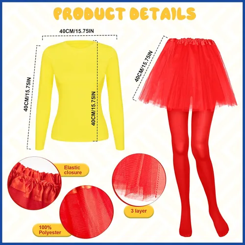 Vista 2 de 6 sombreros de payaso con parte superior de arcoíris, pajarita en Y, tirantes estilo tutus, falda tutú, medias con pies, camiseta amarilla para mujer