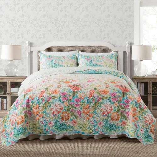 Vista 33 de NEWLAKE - Juego de cubrecama reversible de microfibra bordada con patrón floral en relieve en jacquard beige, tamaño queen