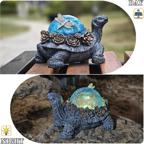 Vista 4 de Estatua de tortuga para exteriores – Figura de animal de resina con luces solares de cristal azul, detalles de suculentas doradas y decoración