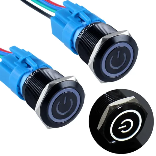 Vista 10 de 2 piezas interruptor de botón pulsador con pestillo de 16mm, 12V-24V, encendido/apagado, 1NO 1NC, impermeable IP66, carcasa de metal negro