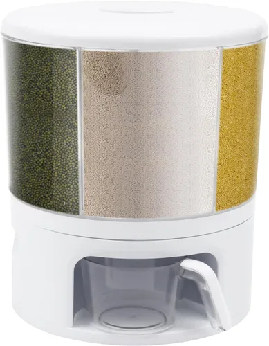 Vista 6 de Dispensador de granos giratorio de 360°, dispensador de cereales grande de 6 rejillas, recipiente de grano sellado con divisor y mango extraíbles