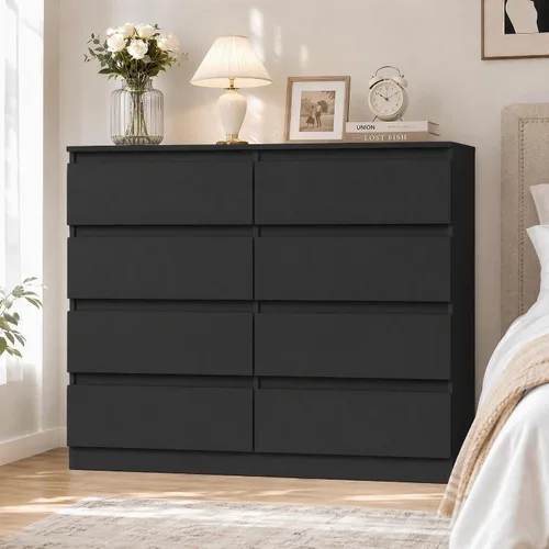 Vista 9 de Cómoda negra para dormitorio, cómoda moderna de 6 cajones con cajón profundo, amplia cómoda de almacenamiento, organizador de muebles de Negro