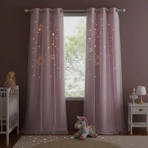 Vista 57 de NICETOWN Cortinas para Dormitorio de Niñas Infantiles con Estrellas Caladas Ventana 2 Capas Cortina 63 Pulgadas de Longitud Oscurecimiento