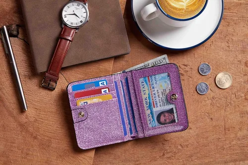 Vista 6 de Gostwo - Cartera compacta de piel genuina de lujo para mujer con bloqueo de RFID y ventana de identificación