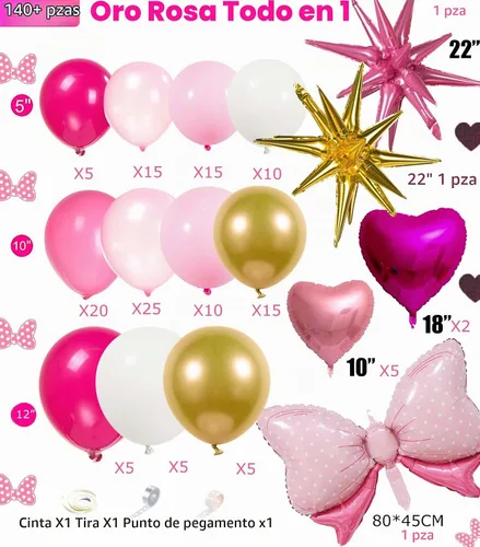 Vista 7 de Kit de arco de guirnalda de globos rosa y dorado, 140 piezas de globos de papel de aluminio de estrella con arco para temática de ratón de dibujos