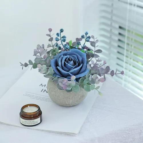 Vista 6 de Small Artificial Blue Rose Potted Plant, 2 Pcs Mini Faux Decor 2 piezas azules