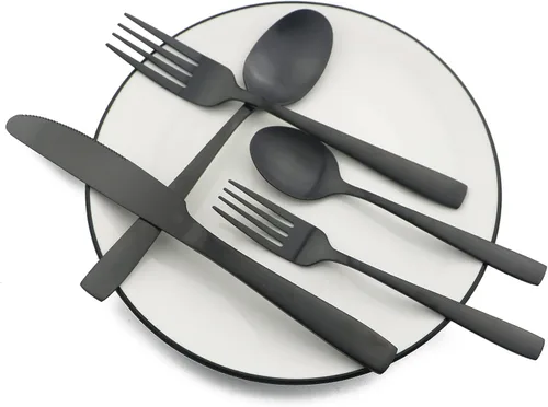 Vista 2 de JASHII - Juego de cubiertos con bandeja, 20 piezas de acero inoxidable cuadrado cubiertos servicio para 4, acabado mate, utensilios de alimentación