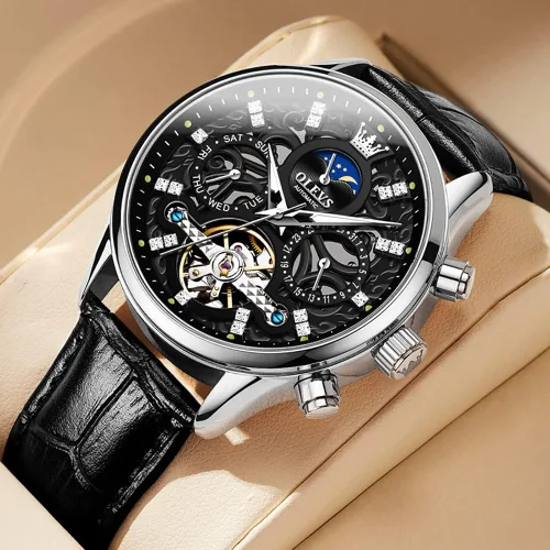 Vista 2 de OLEVS Men Skeleton Watch Automatic Mechanical Dress Casual Brown Black Leather Moon Phase Luminous Waterproof Wrist Watches