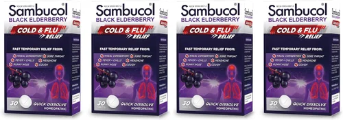 Vista 9 de Tabletas para el alivio del resfriado y de la gripa Sambucol Black Elderberry, 30 tabletas (2 paquetes) Homeopathic Black Elderberry Cold