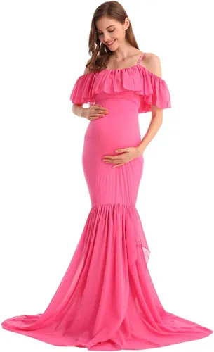 Vista 9 de MYRISAM Vestido de maternidad con volantes y hombros descubiertos para mujer, vestido de fiesta de sirena de gasa, vestido ajustado