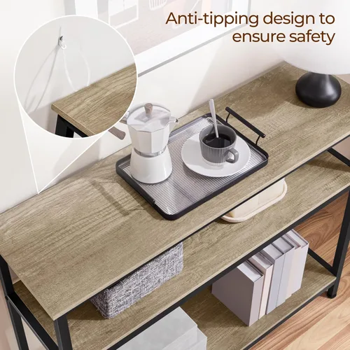 Vista 8 de Yaheetech Mesa de entrada con estantes de almacenamiento, mesa consola de 40 pulgadas con marco de metal, madera detrás del sofá, mesas para Gris