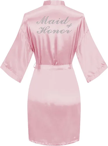 Vista 19 de Bata de boda para mujer, para novia, dama de honor, corta, de satén, kimono, batas de seda para prepararse, fiesta nupcial
