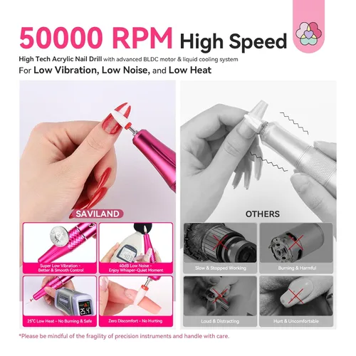 Vista 6 de SAVILAND Taladro Eléctrico para Uñas 50000 RPM: Lima Eléctrica Inalámbrica para Uñas Vida de Batería de 10 H Kit de Taladro Recargable para Uñas